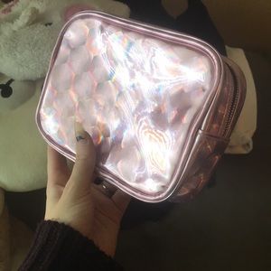 Pink makeup bag, small holographic bag